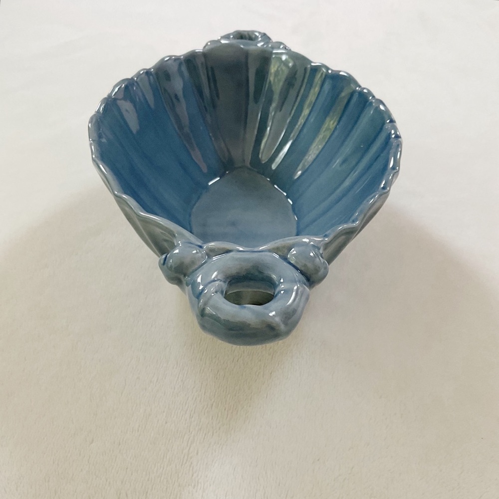 Vintage Blue Glazed Ceramic Centerpiece Bowl Leaf Handle MCM Console Bowl - Picture 3 of 16